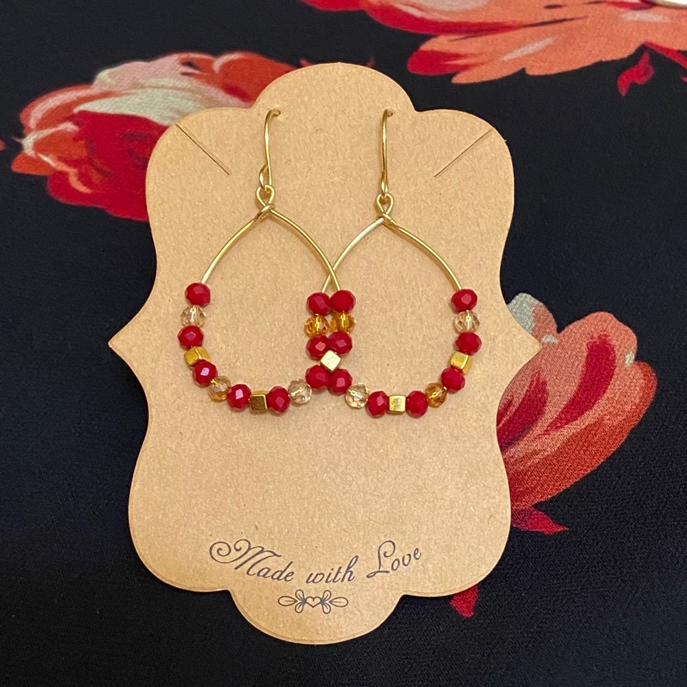Gold Teardrop Earrings Red & Gold Beads